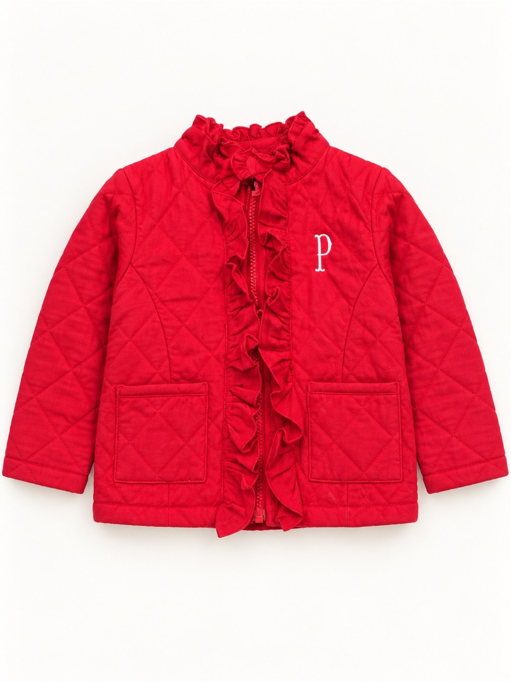 Girls' Quilted Ruffle Front Jacket in Red